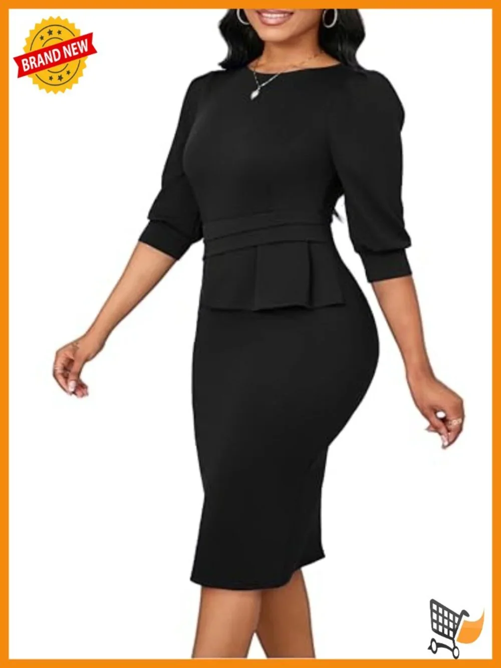 Midi Pencil Dress with 3/4 Sleeves, Hidden Zipper, Self Tie Waist - Picture 4 of 6